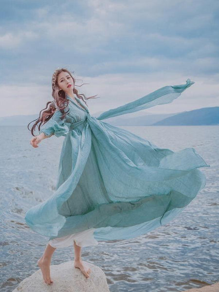 Cotton and linen literary dress long skirt national style women s lanterns sleeves huge hem dress