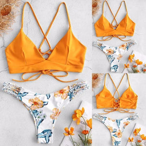 Solid Color Top Floral Bottom Bikini Cut Flowers Two Piece Swimsuit Push up Swimwear Beachwear swimming suit