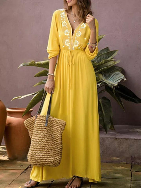 Deep V Neck Lace Up Maxi Dress