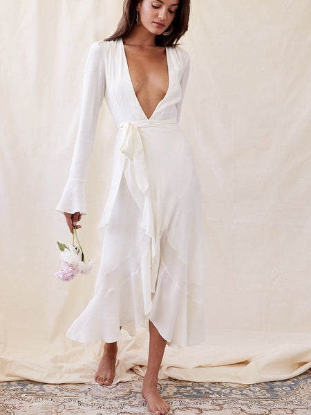 White Autumn Long Sleeve Deep V-neck Lotus Boho Long Dress