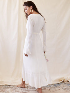 White Autumn Long Sleeve Deep V-neck Lotus Boho Long Dress