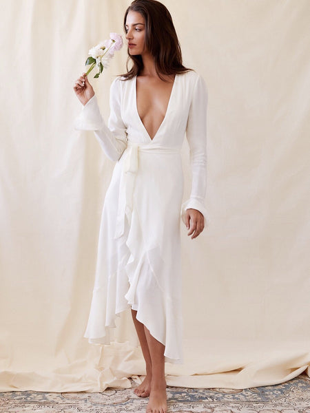 White Autumn Long Sleeve Deep V-neck Lotus Boho Long Dress