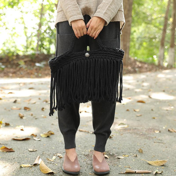 Delicate Cotton Linen Knitted Black And White Two Colors Tassel Handbag