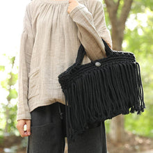 Load image into Gallery viewer, Delicate Cotton Linen Knitted Black And White Two Colors Tassel Handbag