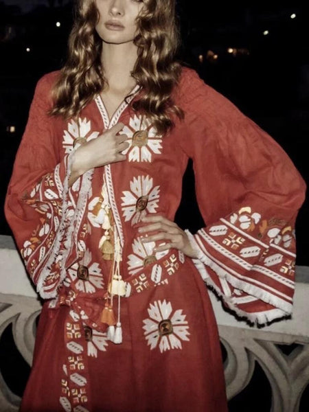 Vintage Beach Dress Holiday Style Embroidered Trumpet Sleeve Maxi Dress