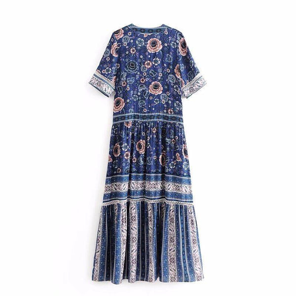 Holiday Style Beach Long Bohemia New Print Floral Buttoned Openwork Dress