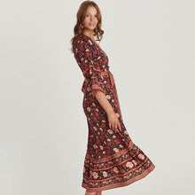 Load image into Gallery viewer, Print Boho Maxi V-Neck with Tie Hippie Chic Women  Casual Long Sleeve Autumn Dress