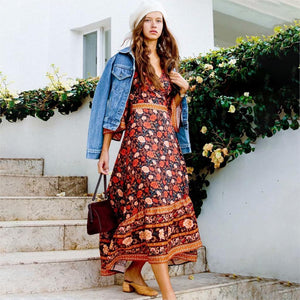 Print Boho Maxi V-Neck with Tie Hippie Chic Women  Casual Long Sleeve Autumn Dress