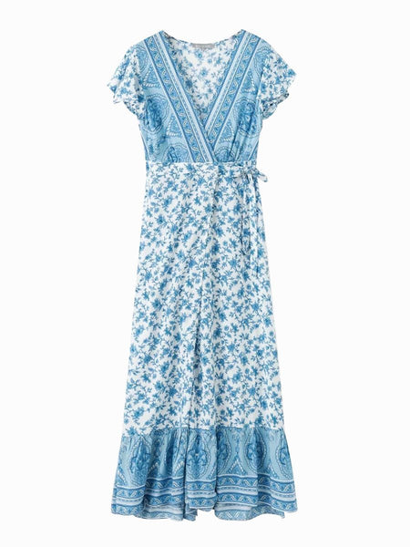 Jastie Vintage Floral Print Maxi Dress Summer Short Sleeve V-Neck Wrap Dresses Casual Beach Long Dress Boho Chic Women Vestidos