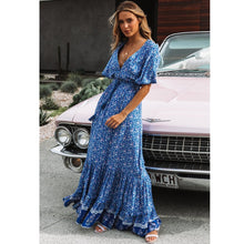 Load image into Gallery viewer, Jastie Vintage Print Maxi Dress Waist tie Ruffle Hem Boho Dresses Women Beach Long Dresses V-Neck Short Sleeve Summer Dress