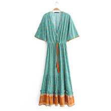Load image into Gallery viewer, Jastie Vintage Print Maxi Dress Waist tie Ruffle Hem Boho Dresses Women Beach Long Dresses V-Neck Short Sleeve Summer Dress