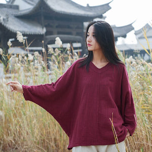 Spring/Autumn Bat Sleeve T-Shirts Vintage Women Cotton Linen V-Neck Solid Color  Women Cloths Casual T-Shirts