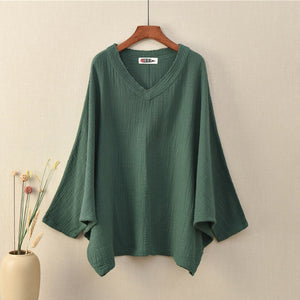 Spring/Autumn Bat Sleeve T-Shirts Vintage Women Cotton Linen V-Neck Solid Color  Women Cloths Casual T-Shirts
