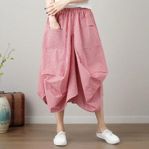 New Summer Skirts Casual Plaid Bud Pockets Multicolor Pleated Skirt Knee-length Natural Comfortable Women Skirt