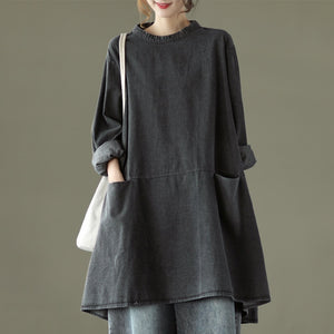 Vintage Denim Women Dresses O-Neck Long Sleeve Pocket Loose Solid Color Clothing New Patchwork Dress