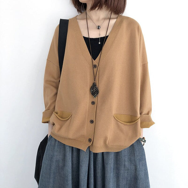 Women Cardigan Sweaters Solid Color Loose V-Neck Long Sleeve Coats Autumn/Spring New Button Pockets Female Sweaters