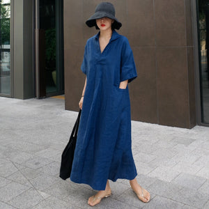Women Vintage Cotton Linen Dresses V-Neck Solid Color Robes New Summer Short Sleeve Pockets Female Loose Dresses