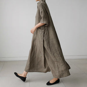 Women Vintage Cotton Linen Dresses V-Neck Solid Color Robes New Summer Short Sleeve Pockets Female Loose Dresses