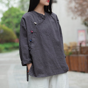 Women Vintage Cotton Linen Shirts And Tops Stand Long Sleeve Spring New Chinese Style Button Loose Blouses Shirts