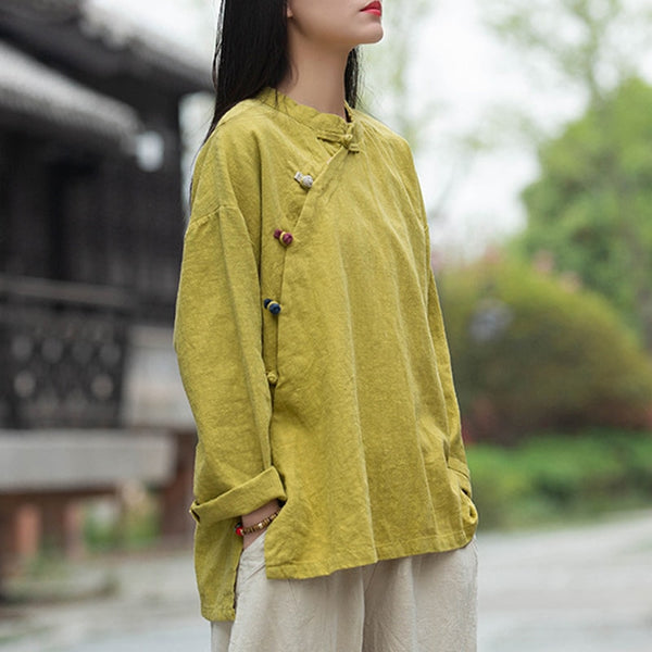 Women Vintage Cotton Linen Shirts And Tops Stand Long Sleeve Spring New Chinese Style Button Loose Blouses Shirts