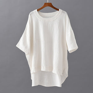 Women Vintage Cotton Linen T-Shirts Solid Color Irregular New Summer O-Neck Short Sleeve Irregular Women T-Shirts
