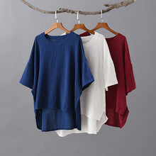 Load image into Gallery viewer, Women Vintage Cotton Linen T-Shirts Solid Color Irregular New Summer O-Neck Short Sleeve Irregular Women T-Shirts