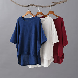 Women Vintage Cotton Linen T-Shirts Solid Color Irregular New Summer O-Neck Short Sleeve Irregular Women T-Shirts