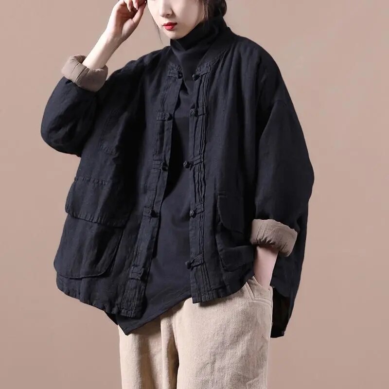 Women Vintage Jackets Solid Color Cotton Linen Coats Stand Button Patchwork Pockets Spring Loose Female Jackets