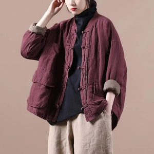 Women Vintage Jackets Solid Color Cotton Linen Coats Stand Button Patchwork Pockets Spring Loose Female Jackets