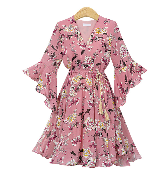 Floral V Neck Beach Chiffon Dress