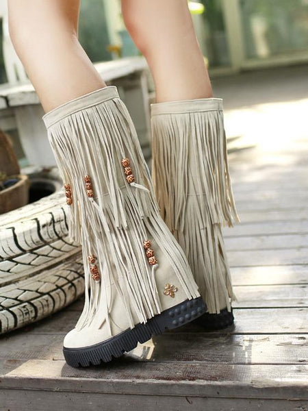 Women Boho Winter Tassel Warm Hidden Heel Long Boots