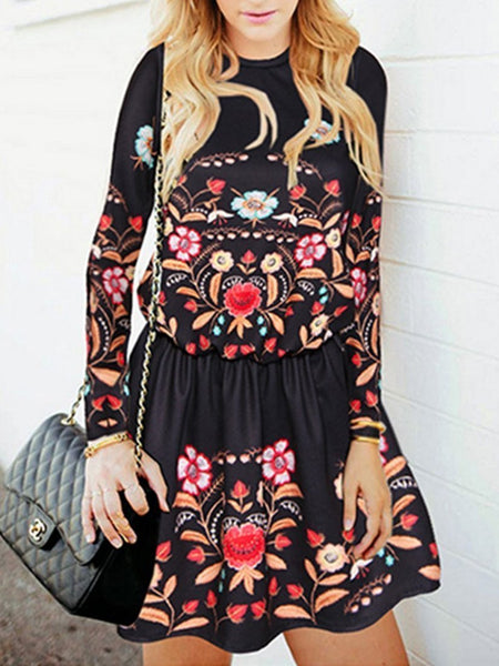 Boho Black Floral Long Sleeve Round Neck Mini Dress
