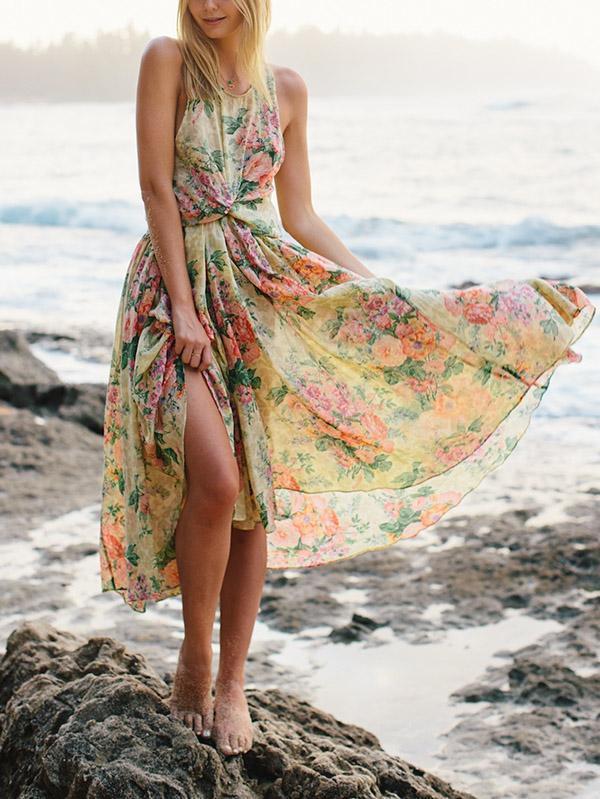 Floral Round Neck Backless Backless Maxi Dresses