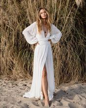 Load image into Gallery viewer, Stylish balloon sleeves cotton hemp resort V-neck split dress