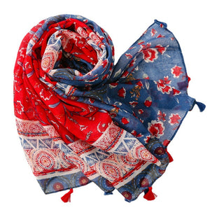 Ethnic Style Soft Cotton Hemp Handle Scarf Red Blue Small Broken Flower Decoration Sunscreen Shawl Silk Scarf Woman