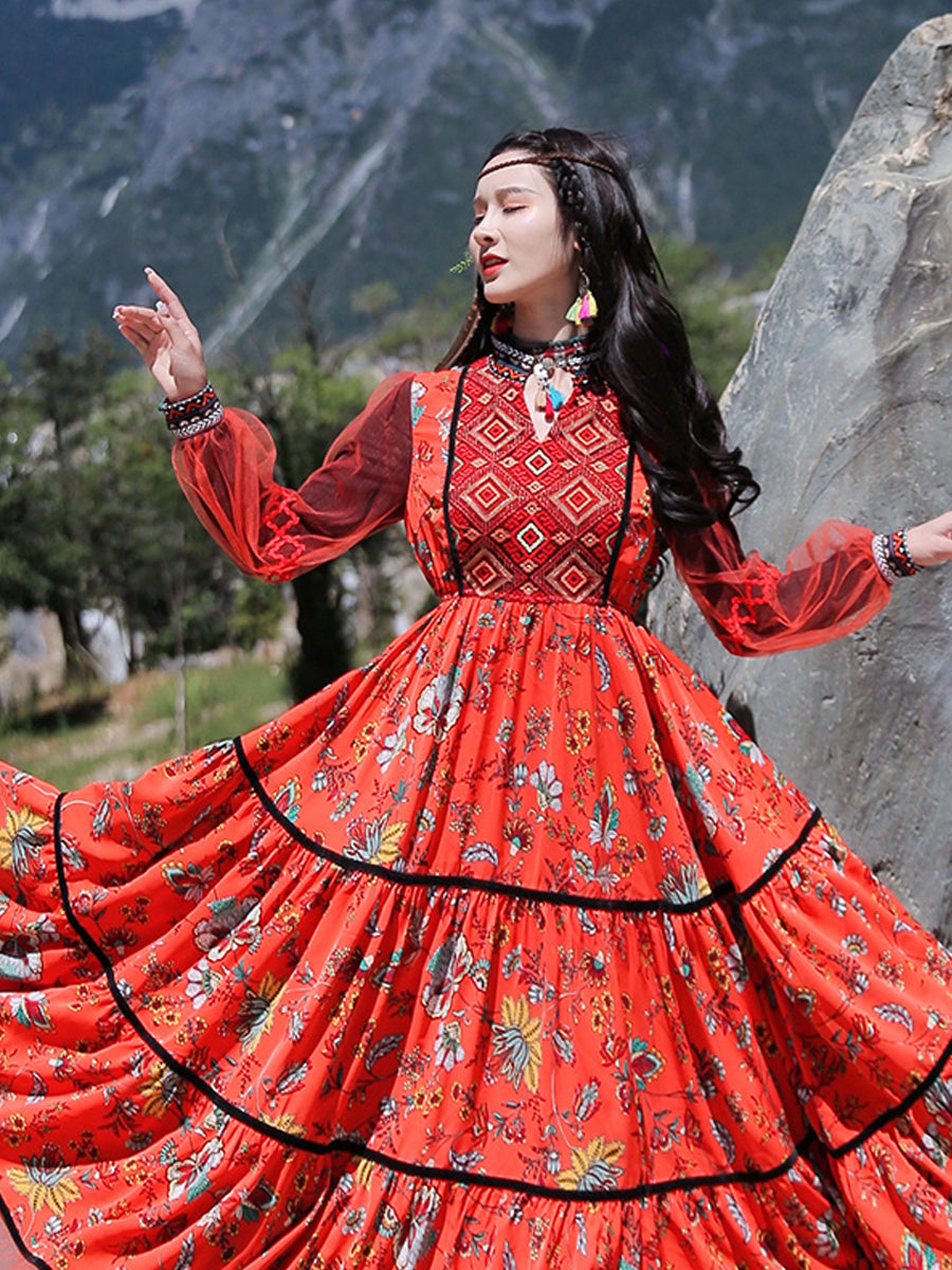 Retro ethnic style women's dress long sleeve midi dress