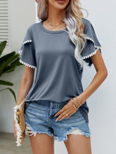Load image into Gallery viewer, Summer new round neck fringed tulip sleeve T-shirt casual top woman
