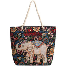 Load image into Gallery viewer, Ethno-style black flower elephant double-sided jacquard embroidery with gold wire canvas chain tote shoulder bag