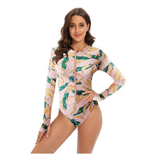 Load image into Gallery viewer, Women&#39;s One Piece Long Sleeve Surfwear Multicolor Print Zip Swimsuit