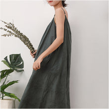 Load image into Gallery viewer, Solid color dress embroidered loose waist suspender bottom cotton linen maxi skirt