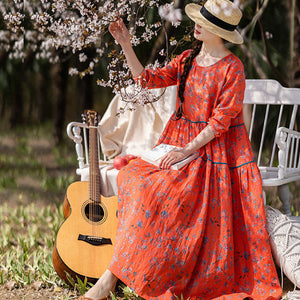Spring and Autumn New Vintage Printed Dress Long Dress