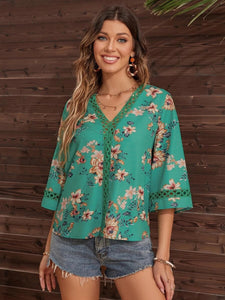 V-Neck Print Panel Lace Flare Sleeve Top Blouse