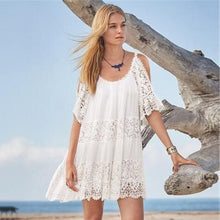 Load image into Gallery viewer, Lace embroidered beach blouse sexy slip off-the-shoulder holiday dress seaside bikini blouse