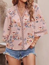 Load image into Gallery viewer, V-Neck Print Panel Lace Flare Sleeve Top Blouse