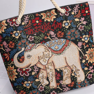 Ethno-style black flower elephant double-sided jacquard embroidery with gold wire canvas chain tote shoulder bag