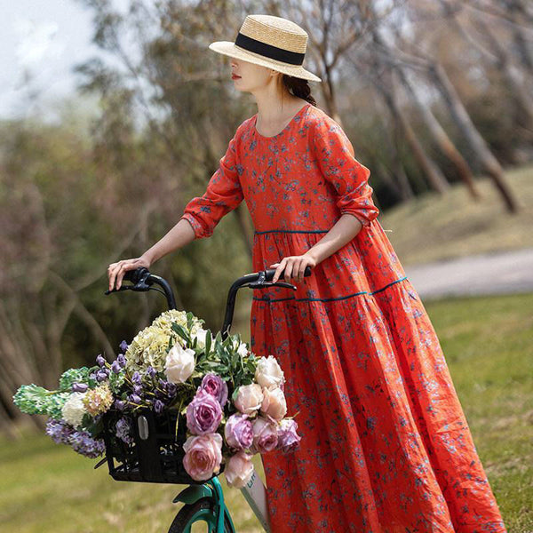 Spring and Autumn New Vintage Printed Dress Long Dress