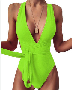Women's One Piece Swimsuit Solid Color Lace Up Sexy Deep V Backless One Piece Swimsuit