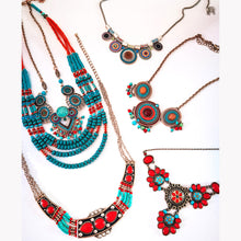 Load image into Gallery viewer, Hair ornament headwear alloy Tibetan Necklace ethnic style fresh gold-plated oil drop color glaze set Pendant Silver Gold Red Green