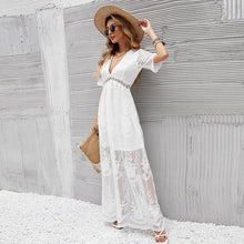 Load image into Gallery viewer, Lace dress sexy V-neck embroidered solid color maxi dress