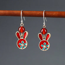 Load image into Gallery viewer, Red earrings antique rabbit earrings with cheongsam retro sterling silver ethnic earrings